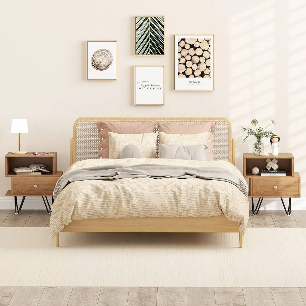 Costway Nightstand Set of 2 Mid Century Modern End Tables with Drawer-Natural in Brown 3
