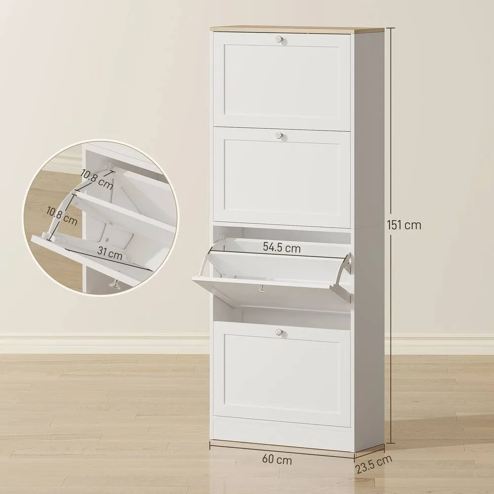 HOMCOM Narrow Shoe Cabinet with 4 Flip Drawers for 24 Pairs of Shoes White 3