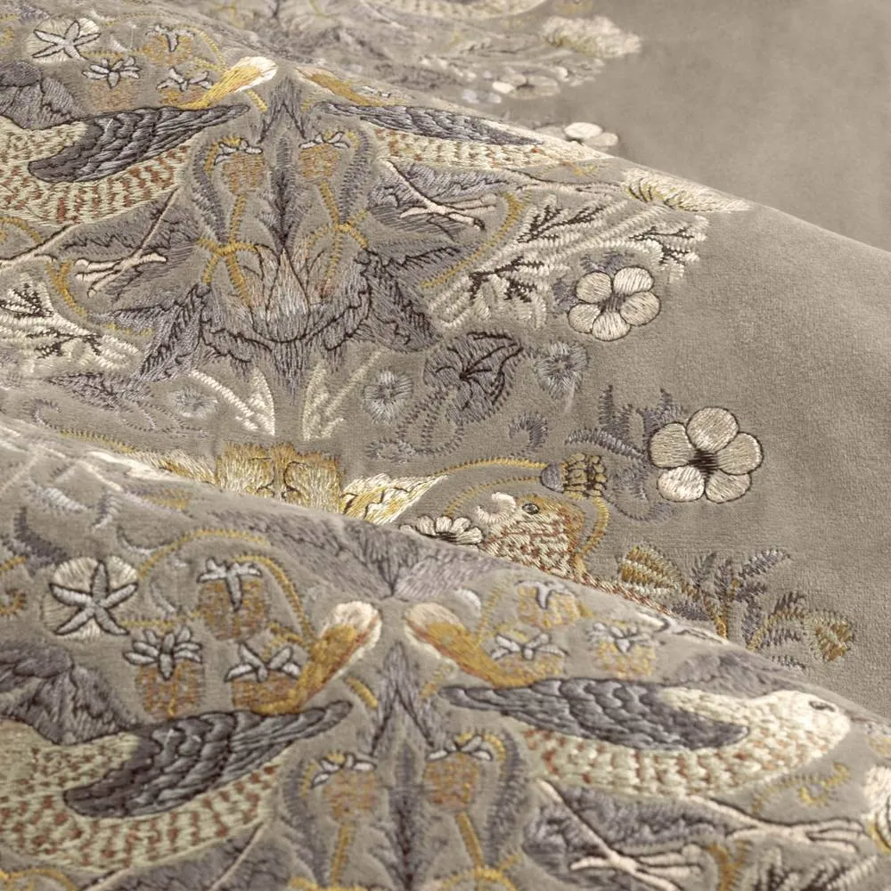 Morris & Co Strawberry Thief Embroidered Velvet Room Darkening Pencil Pleat Curtain Pair in Beige 6
