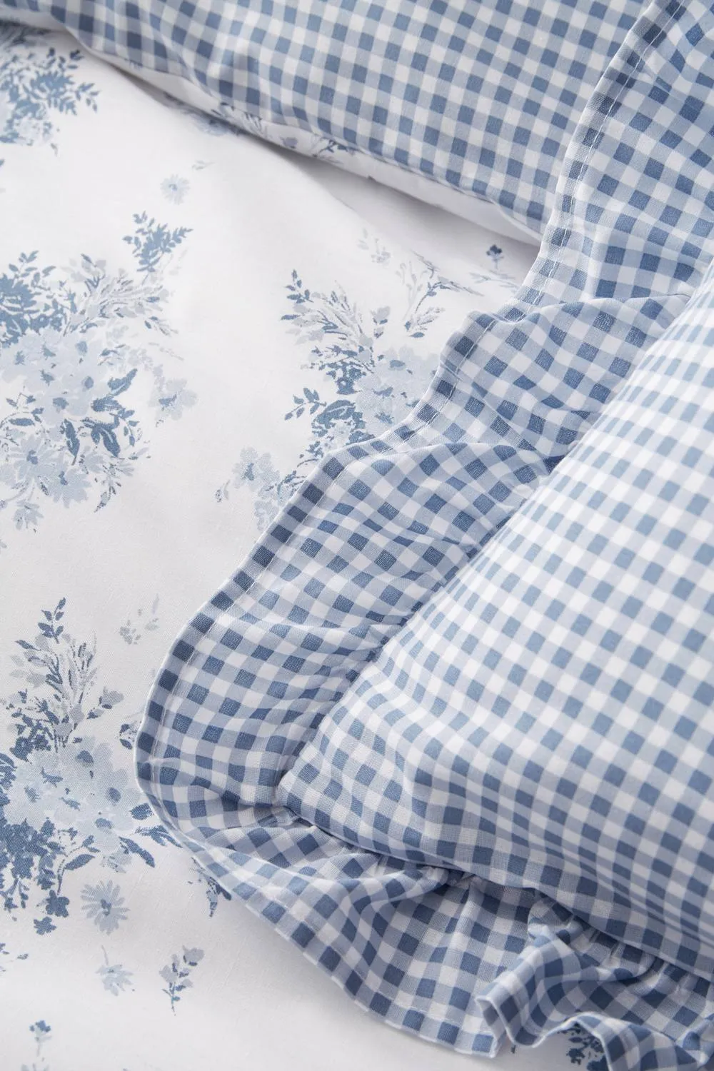 Catherine Lansfield 'Lucie Floral Frill' Fully Reversible Cushion in Blue 2