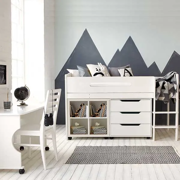 Kenzie Childrens Midsleeper with Desk Chest Of Drawers And Storage Bo