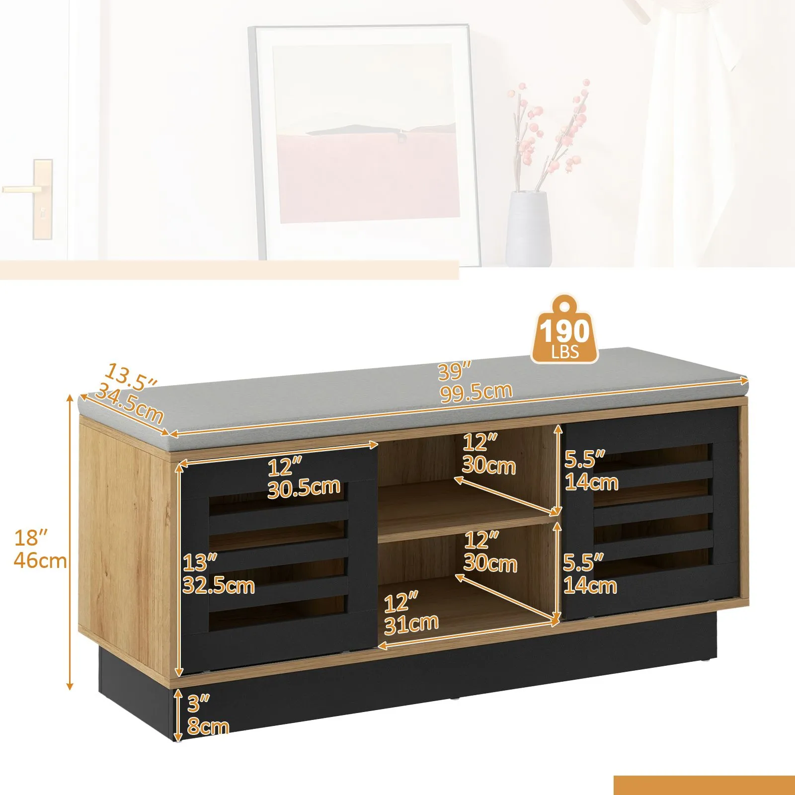 Costway Shoe Rack Storage Bench Organizer W/Cushion Adjustable Shelf Slide Door Natural 2