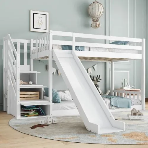 Matteo Bunk Bed With Stairs & Slide, Solid Pine Wood Frame, Children Bed With 2 Drawers In The Steps in White