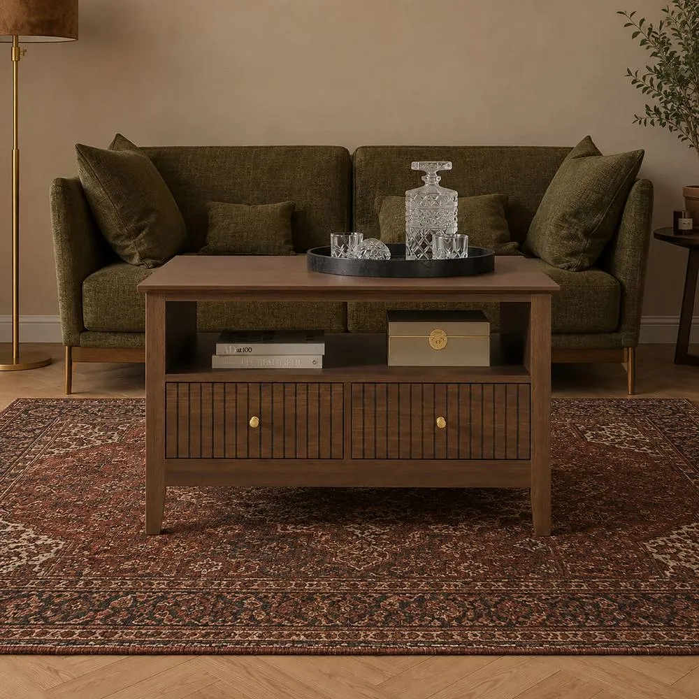 Melody Maison Fluted Four Drawer One Shelf Coffee Table - Hales Dark Wood Range in Dark Brown 4