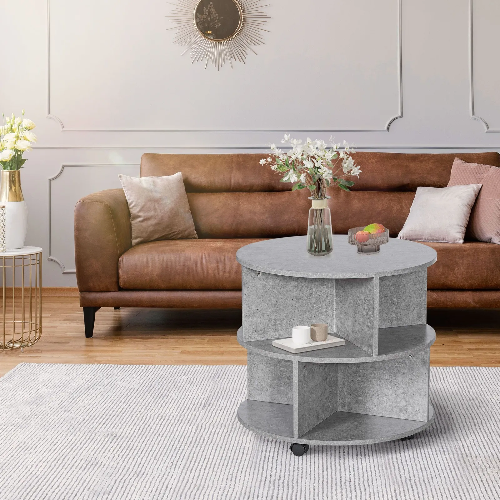 HOMCOM 2 Tier Round Coffee Tea Table End Side Desk Sector Divider Shelves in Grey