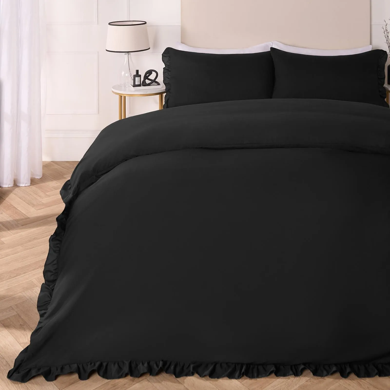 OHS Frill Edge Decor Duvet Cover with Pillowcase Bedding Set in Black