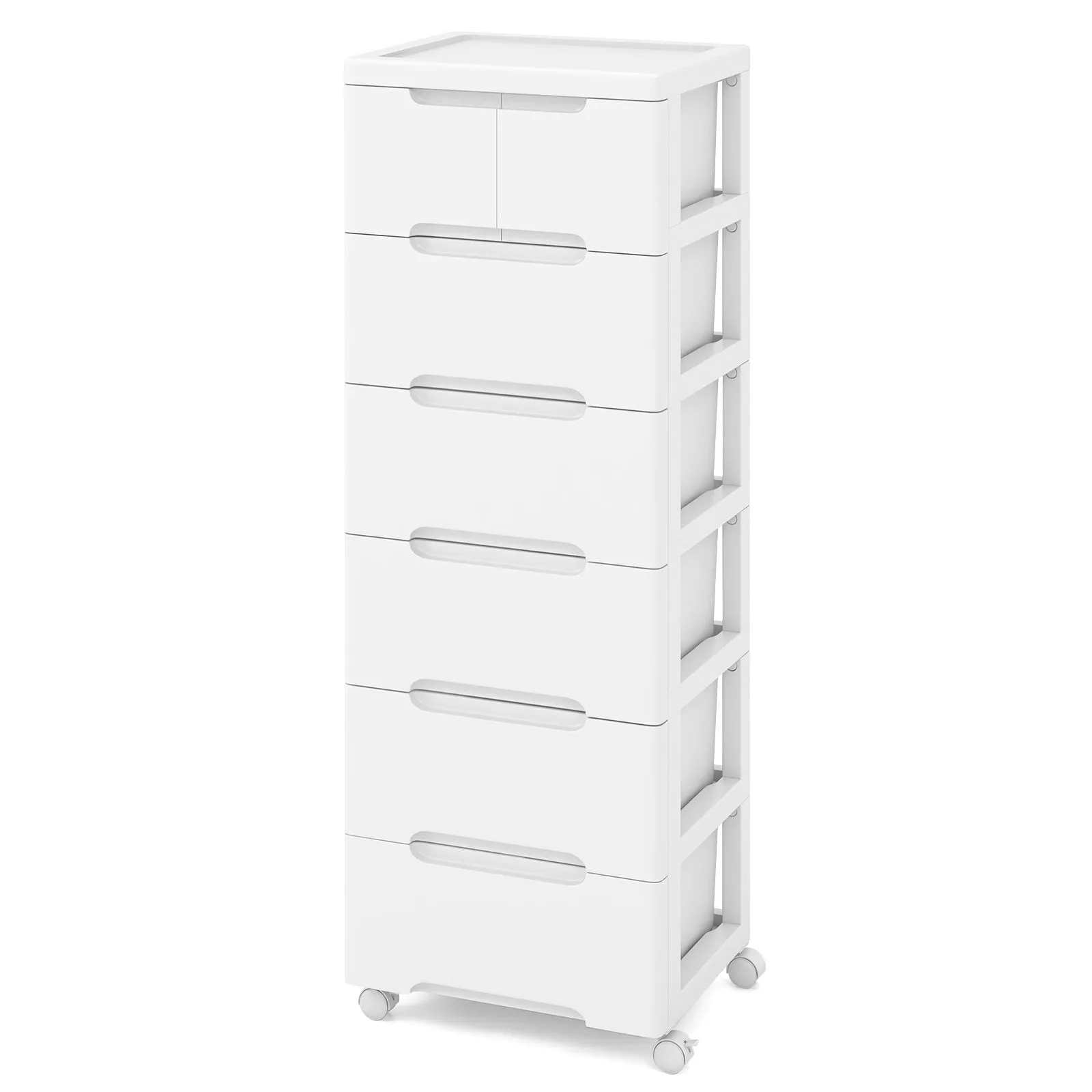 Costway 7 Drawer Rolling Cabinet Plastic Storage Cart 6 Tiers Drawer Dresser with Wheels in White