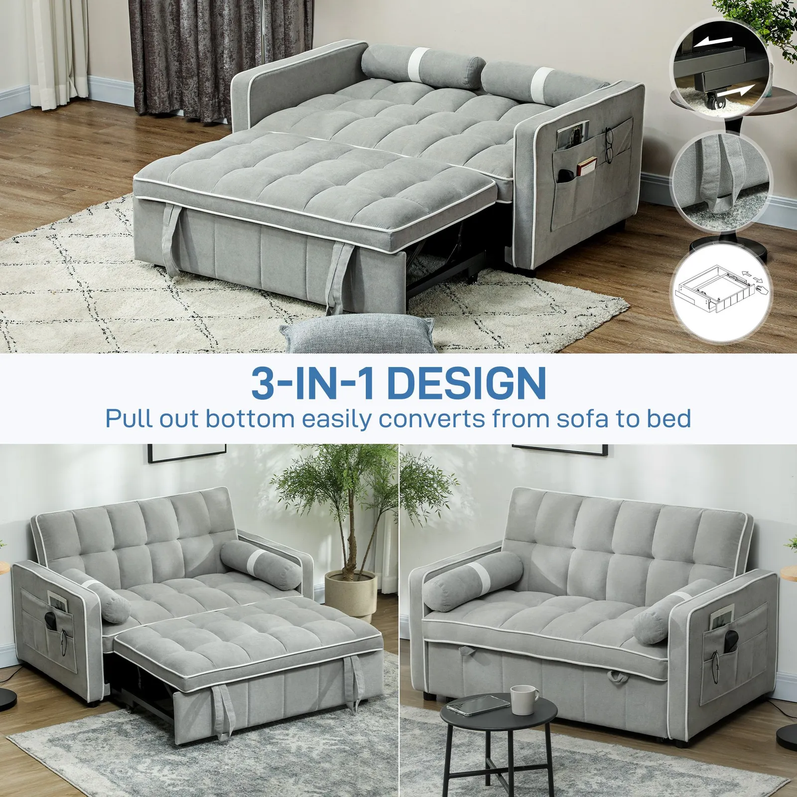 HOMCOM 2 Seater Pull Out Sofa Bed with Adjustable Backrest in Light Grey 4