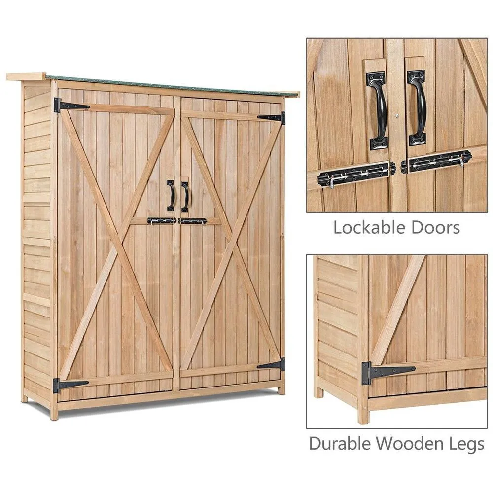 Costway Garden Storage Shed Outdoor Wooden Tool Storage Cabinet W/ Lockable Doors in Natural 5