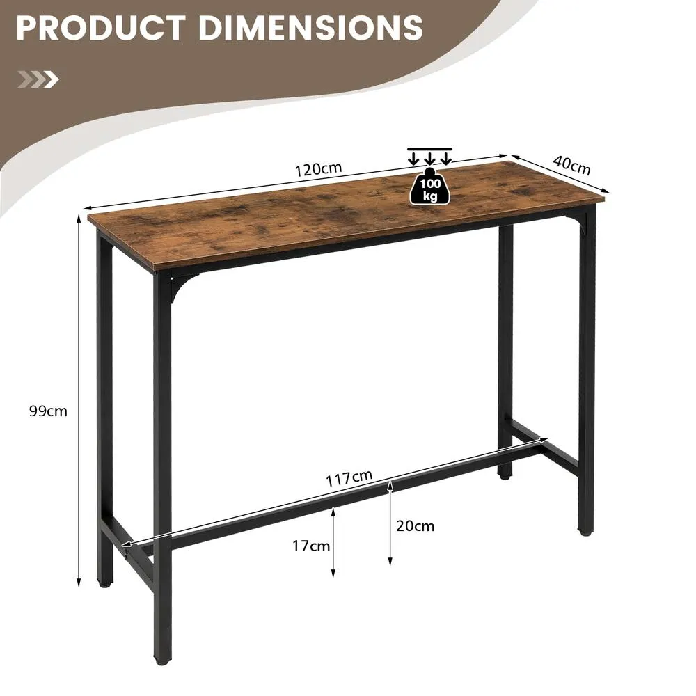 Costway 120 CM Bar Table with Footrest Counter Height Table with Steel Frame in Brown 2