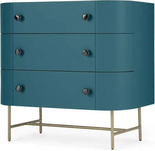 Tandy Chest of Drawers, Teal Blue with Gloss Black Handles & Brass Legs