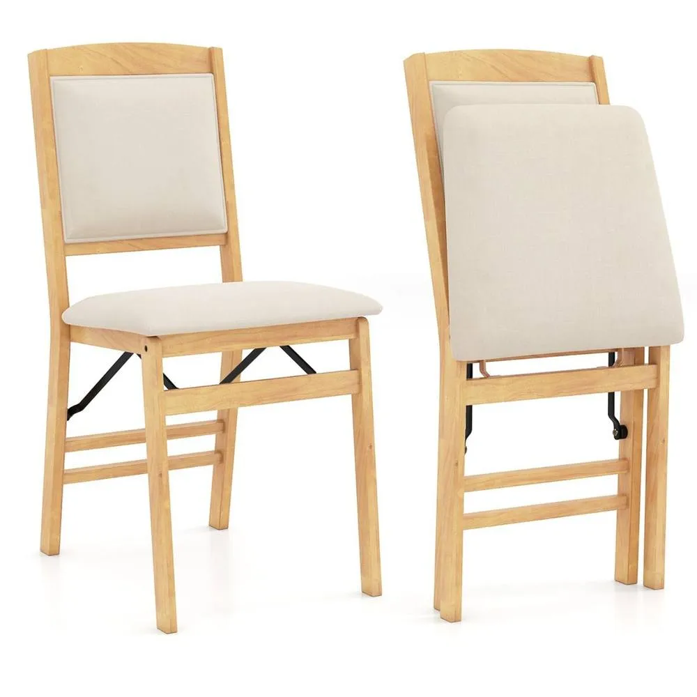 Costway 2PCS Folding Bar Stools Wooden Padded Kitchen Dining Chairs w/Backrest in Cream