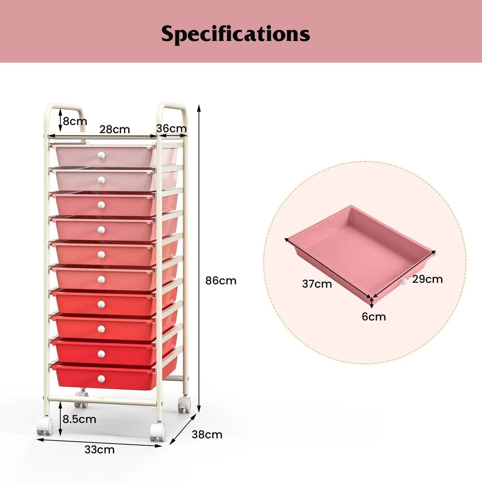 Costway 10 Drawers Storage Trolley Mobile Rolling Utility Cart Home Office Organizer in Pink 2