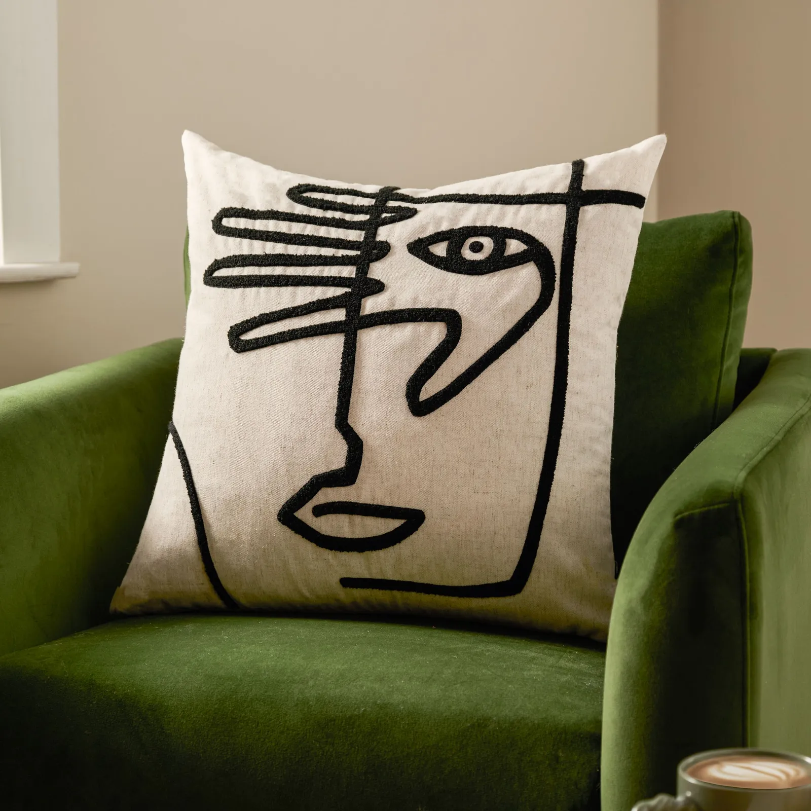 Furn Mono Face Abstract Tufted Linen Cushion in Cream