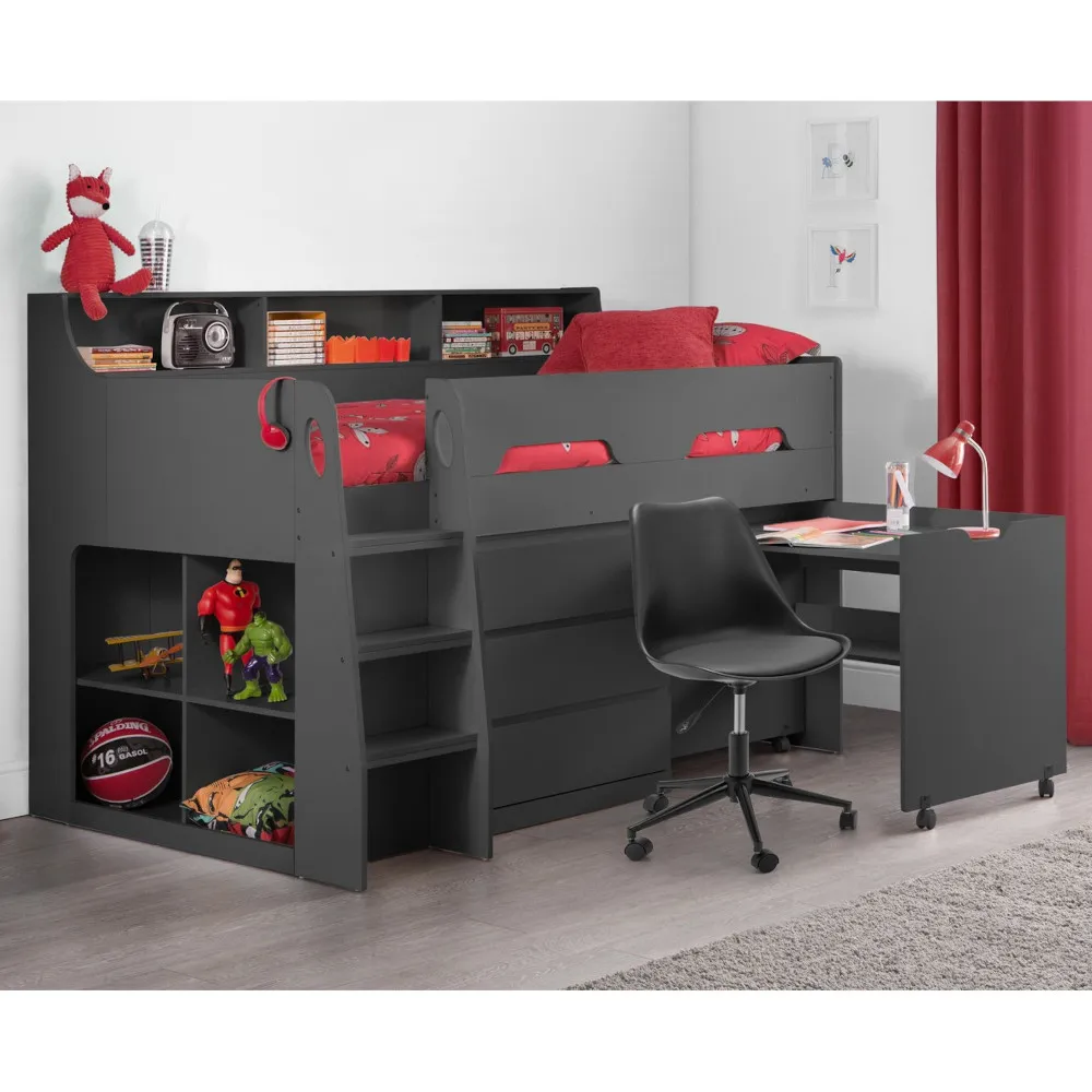 Jupiter - Single - Kids Mid Sleeper Bed - Cabin Bed - Desk and Storage - Dark Grey - 3ft - Happy Beds 1