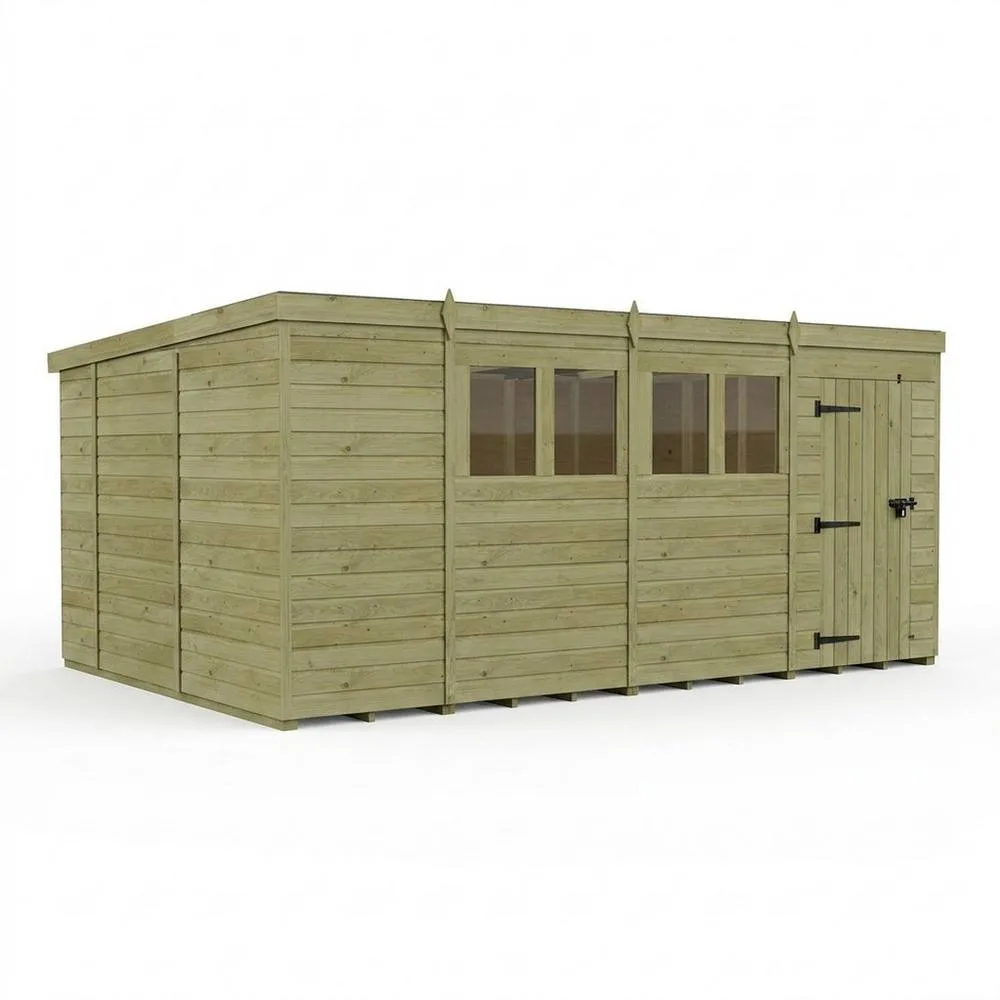 Buttercup Farm 15ft x 10ft Pent Garden Shed Single Door With Windows - Timber in Brown