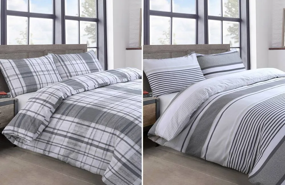 Velosso Cheswick Twin Pack Duvet Cover & Pillowcase Set - Printed Cotton Rich in Grey