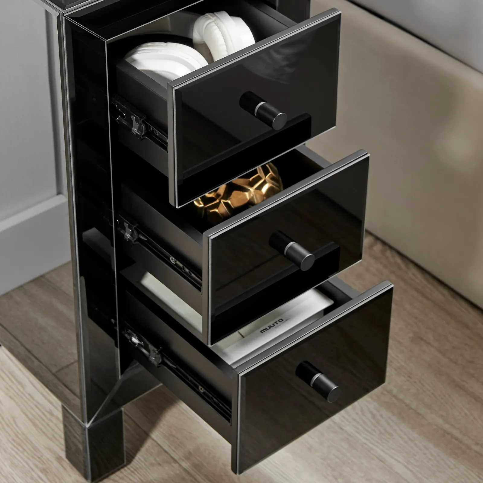 FurnitureboxUK Lexi Small Slimline 3 Drawer Wooden Bedside Table With A Modern Mirrored Finish in Black 4