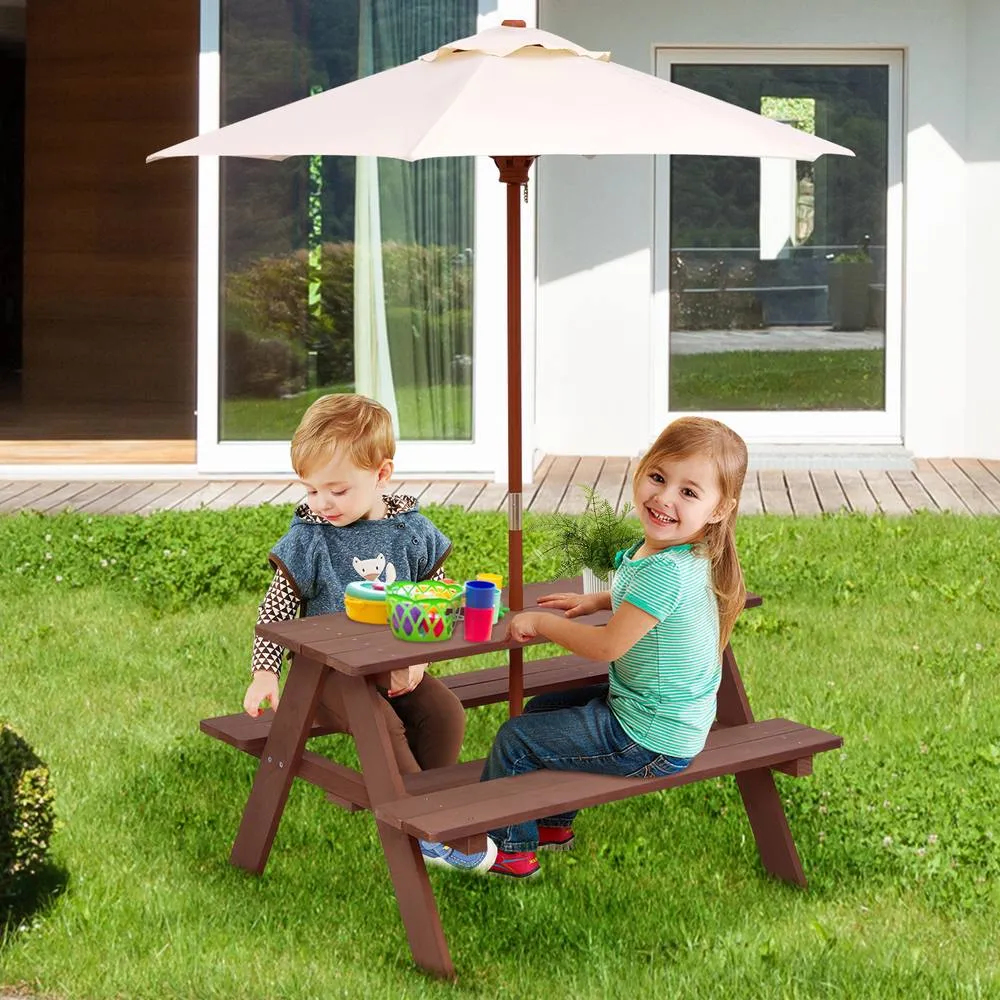 Costway 3 in 1 Picnic Table Outdoor Activity Table w/ Removable Umbrella in Brown 3