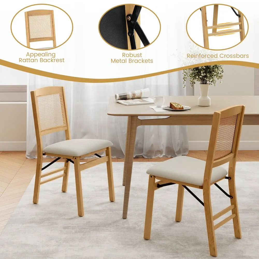 Costway 2PCS Folding Dining Chairs Rubber Wood Chairs w/ Linen Padded Seat in Natural 2