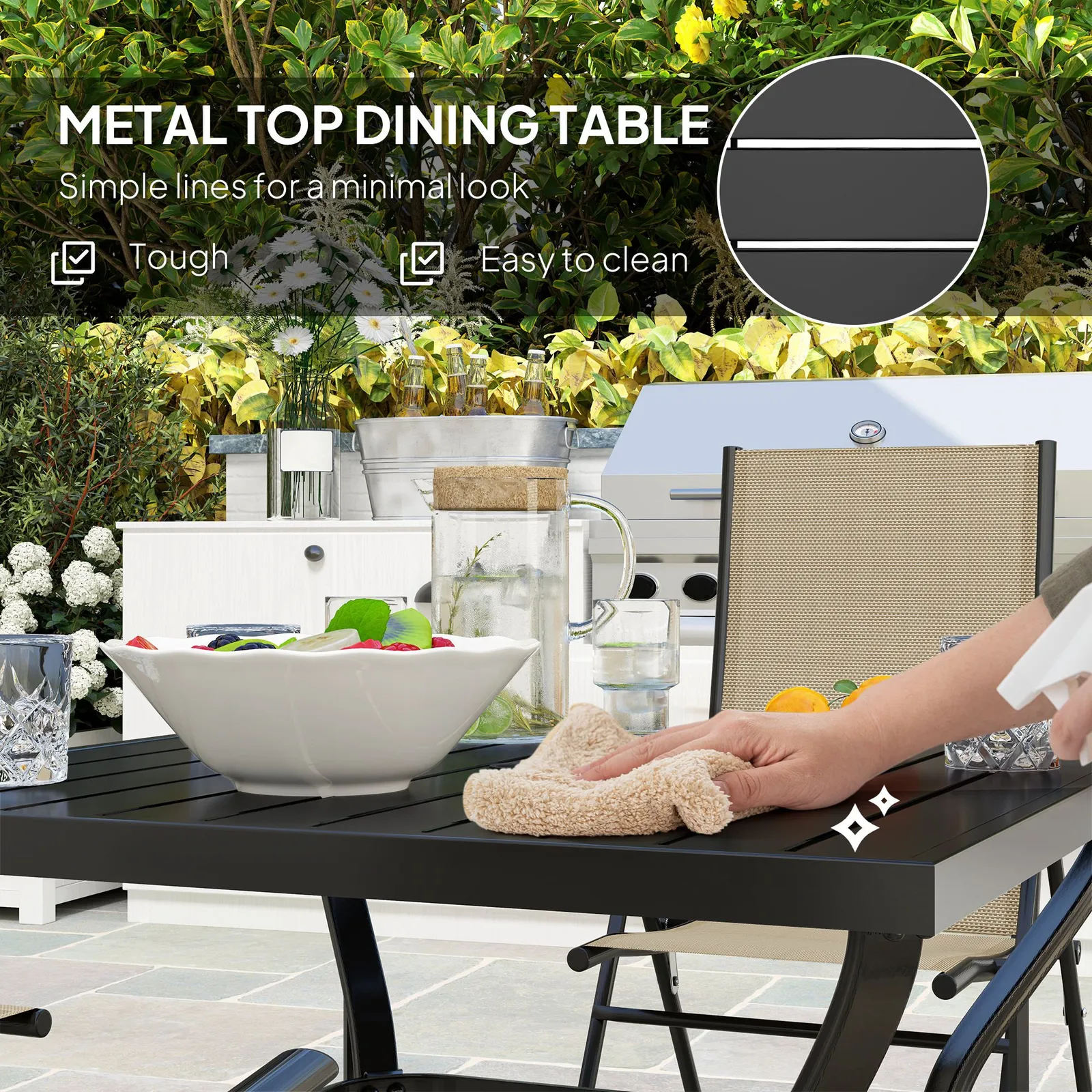 OUTSUNNY 5 PCs Garden Dining Set, Folding Chairs & Metal Top Table, Khaki 5