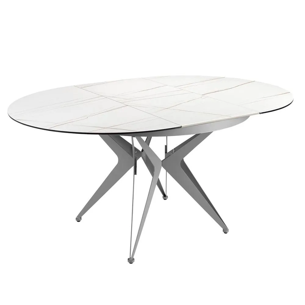 Angel Cerda Round Extendable Dining Table, Porcelain Marble Top in White