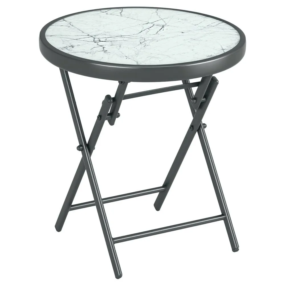 OUTSUNNY Round Folding Side Table w/ Imitation Marble Glass Top in White 2