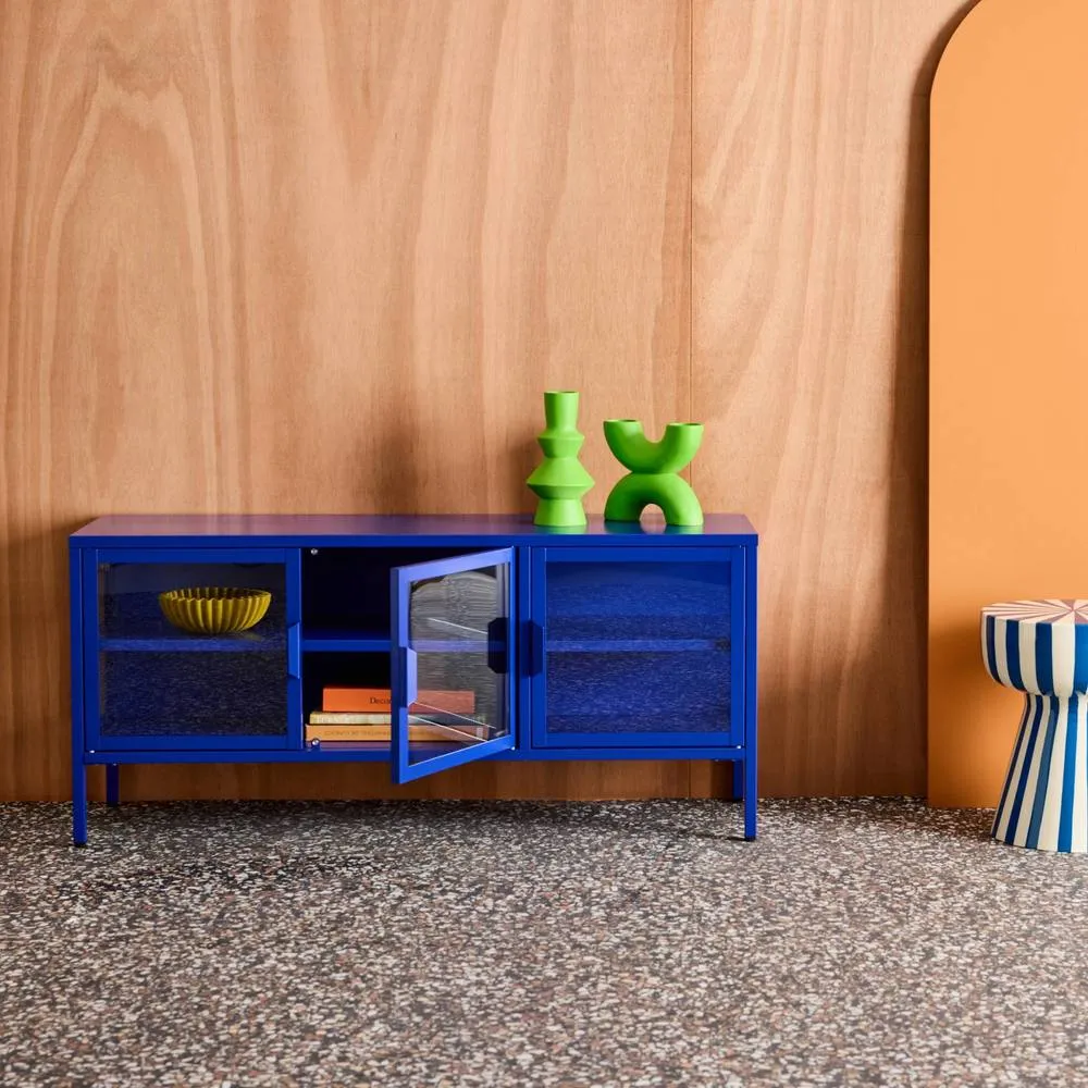 sweeek Industrial metal & tempered glass TV stand with 3 doors 120cm in Blue 4
