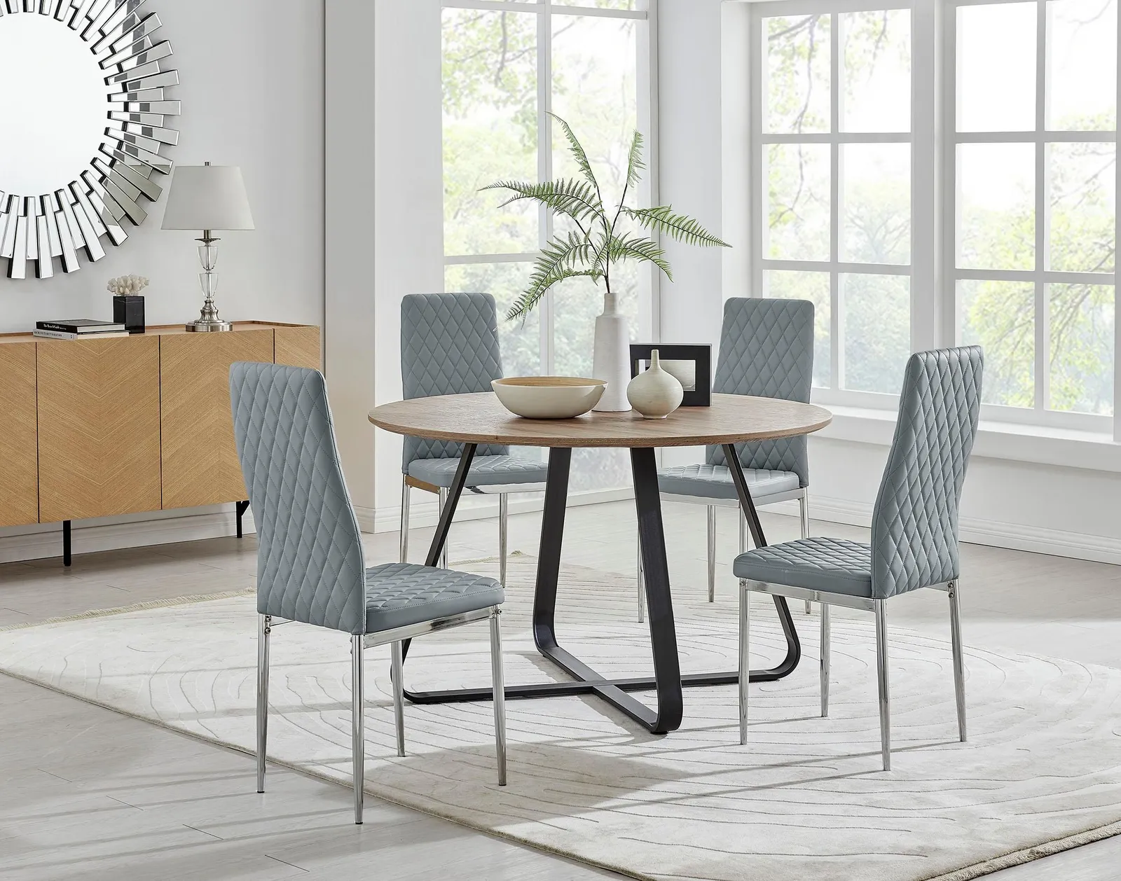 FurnitureboxUK Santorini Brown Wood Contemporary Round Dining Table & 4 Milan Chairs Set in Grey 1