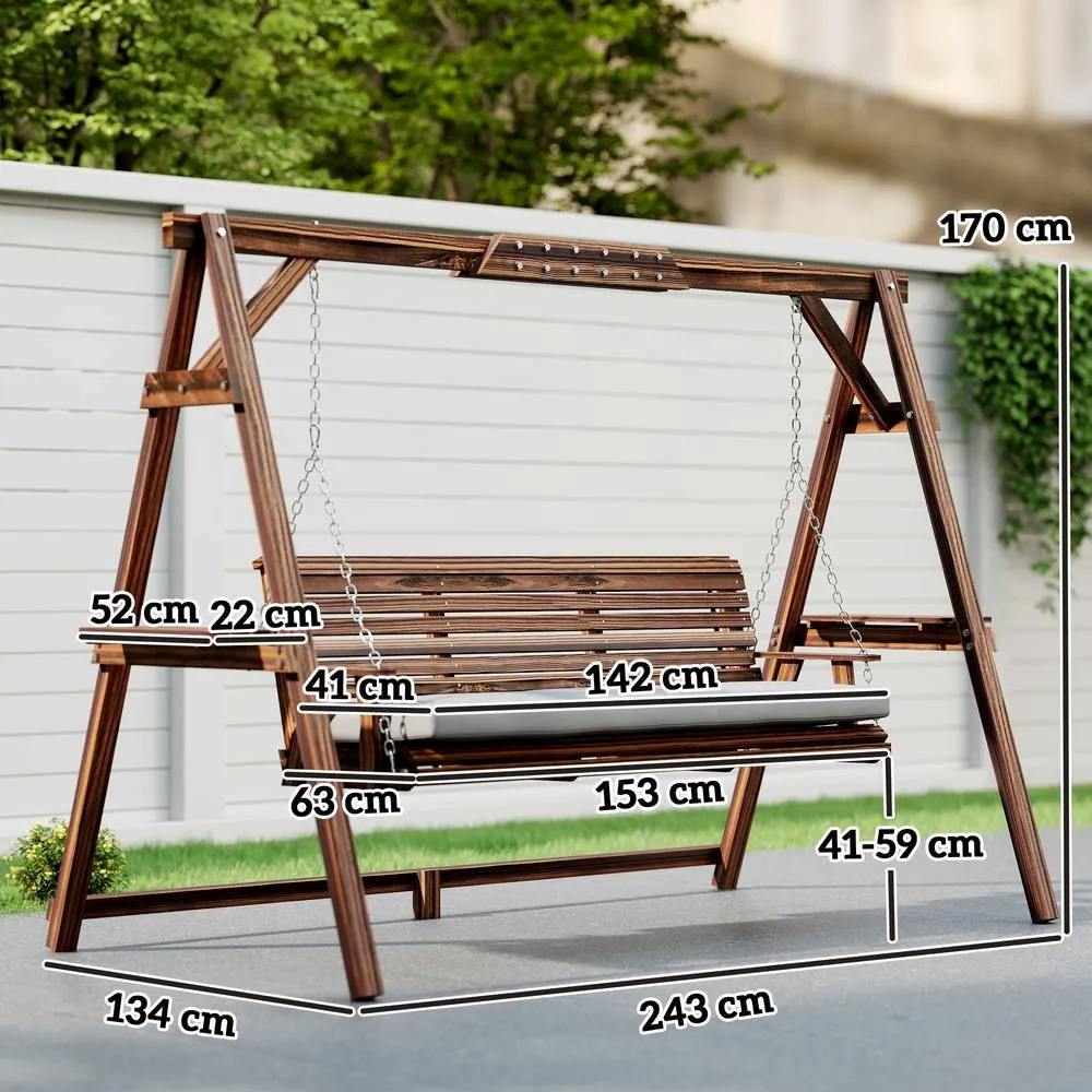 OUTSUNNY 3 Seater Wooden Garden Swing Seat Chair with Side Trays & Cushion in Grey 3