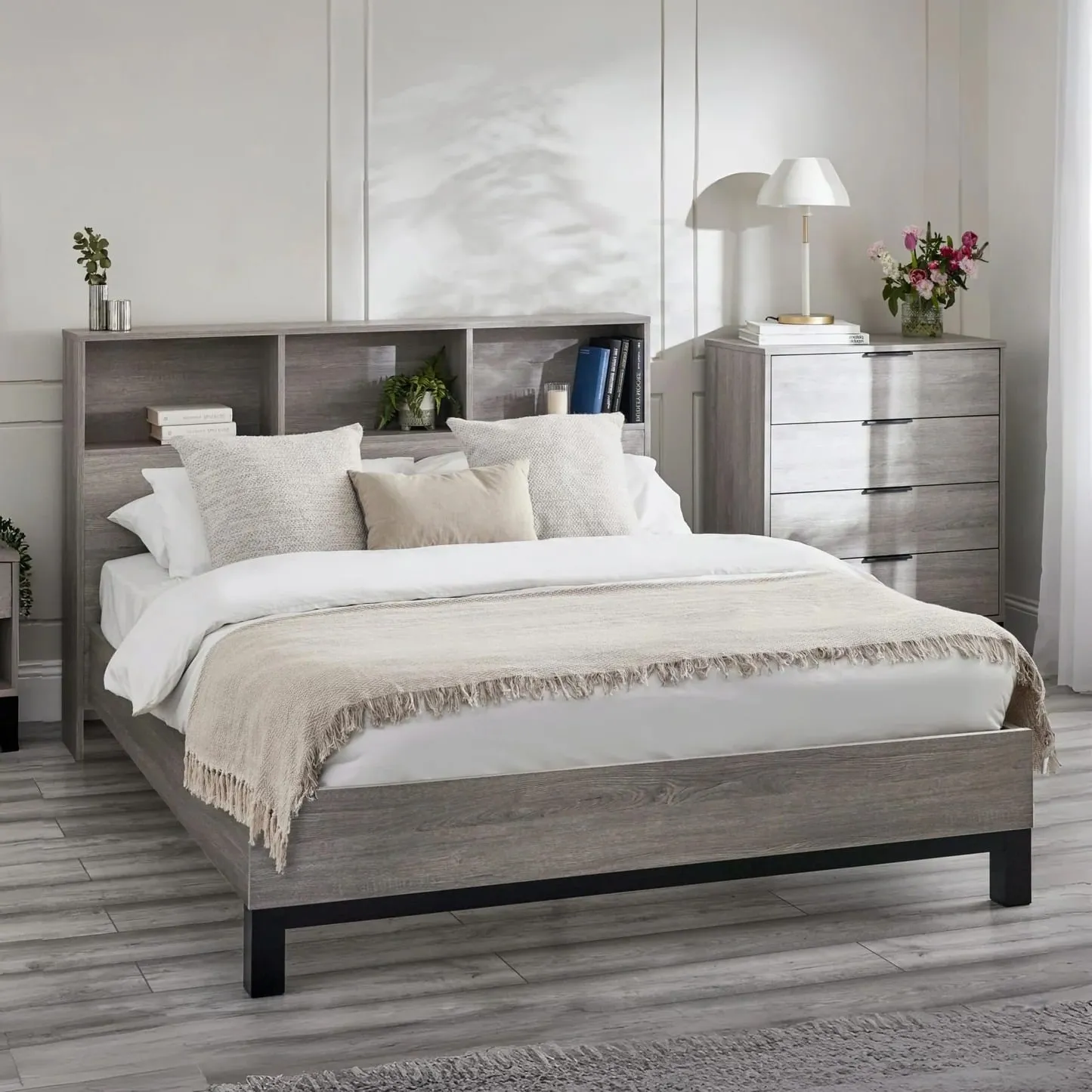 Bali – King Size– Bookcase Storage Bed – Grey Oak – Wooden – 5ft - Happy Beds