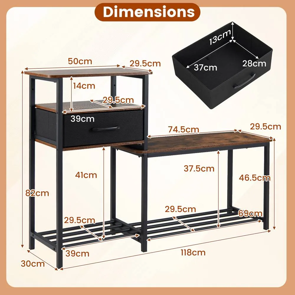 Costway 3-Tier Shoe Rack Bench Industrial Entryway Shoe Storage Bench w/Drawer in Brown 2