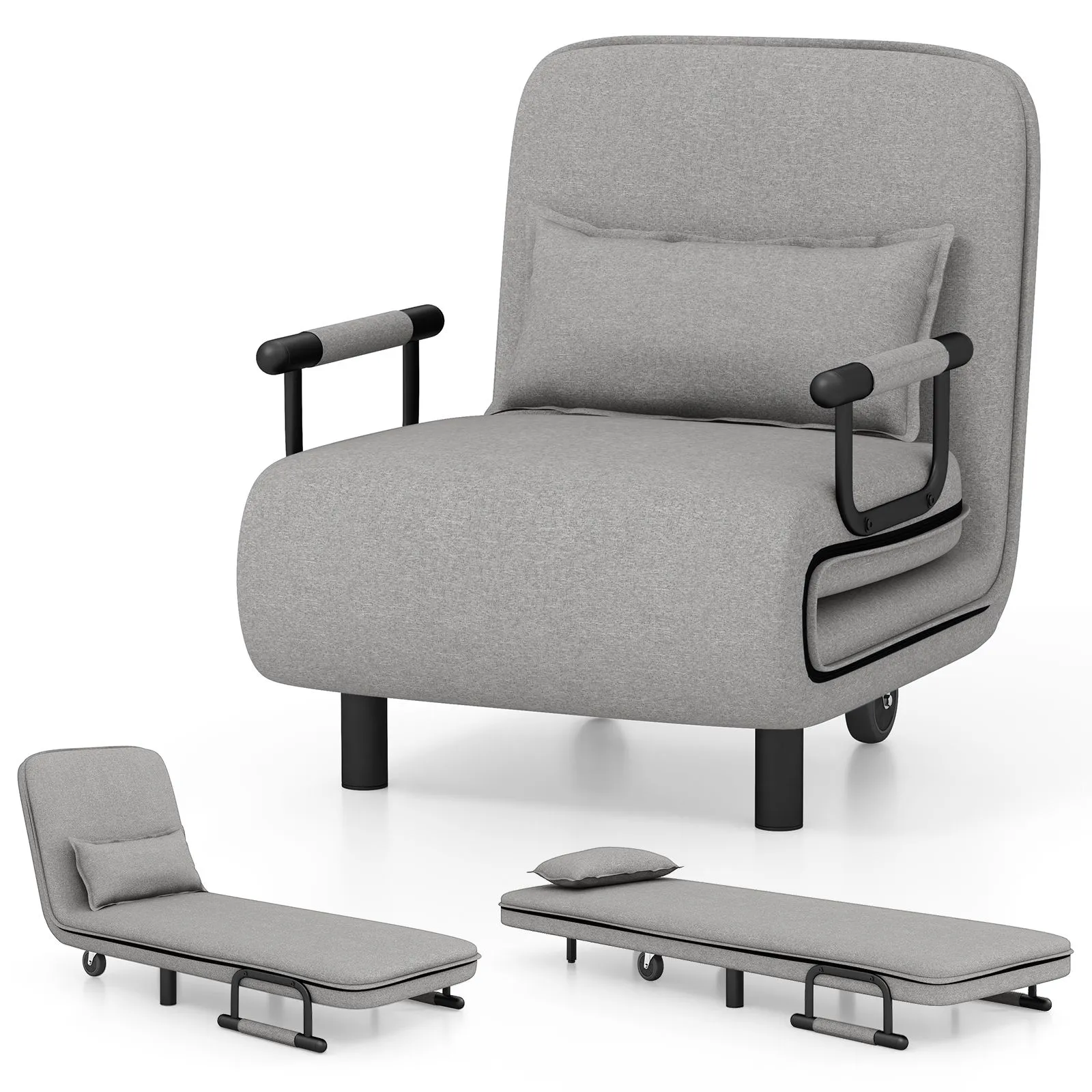 Costway 3-in-1 Convertible Sofa Bed Sleeper Chair w/Lumbar Pillow in Grey 4