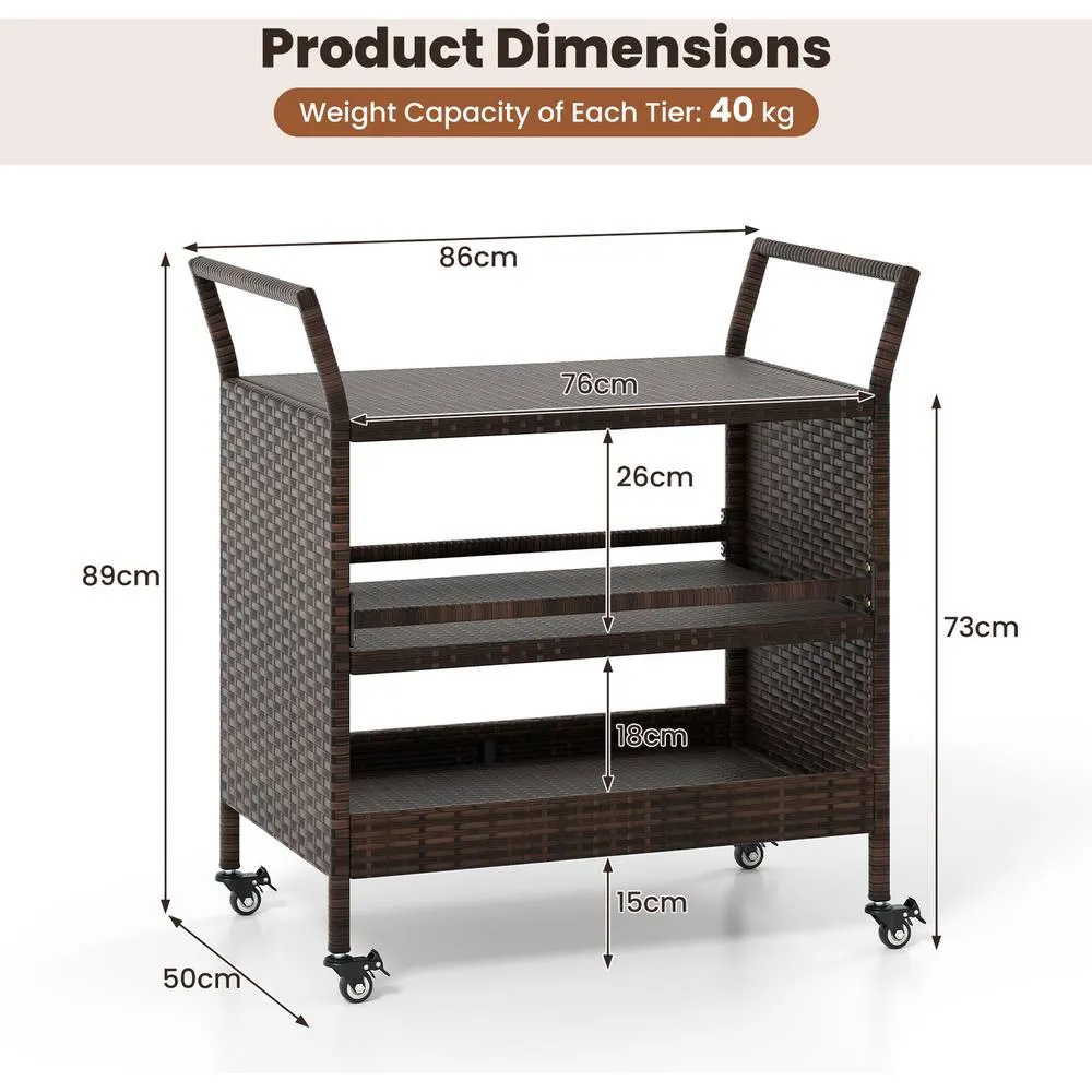 Costway Outdoor Bar Cart 3-Tier Patio Rattan Storage Shelf-Brown in Brown 2