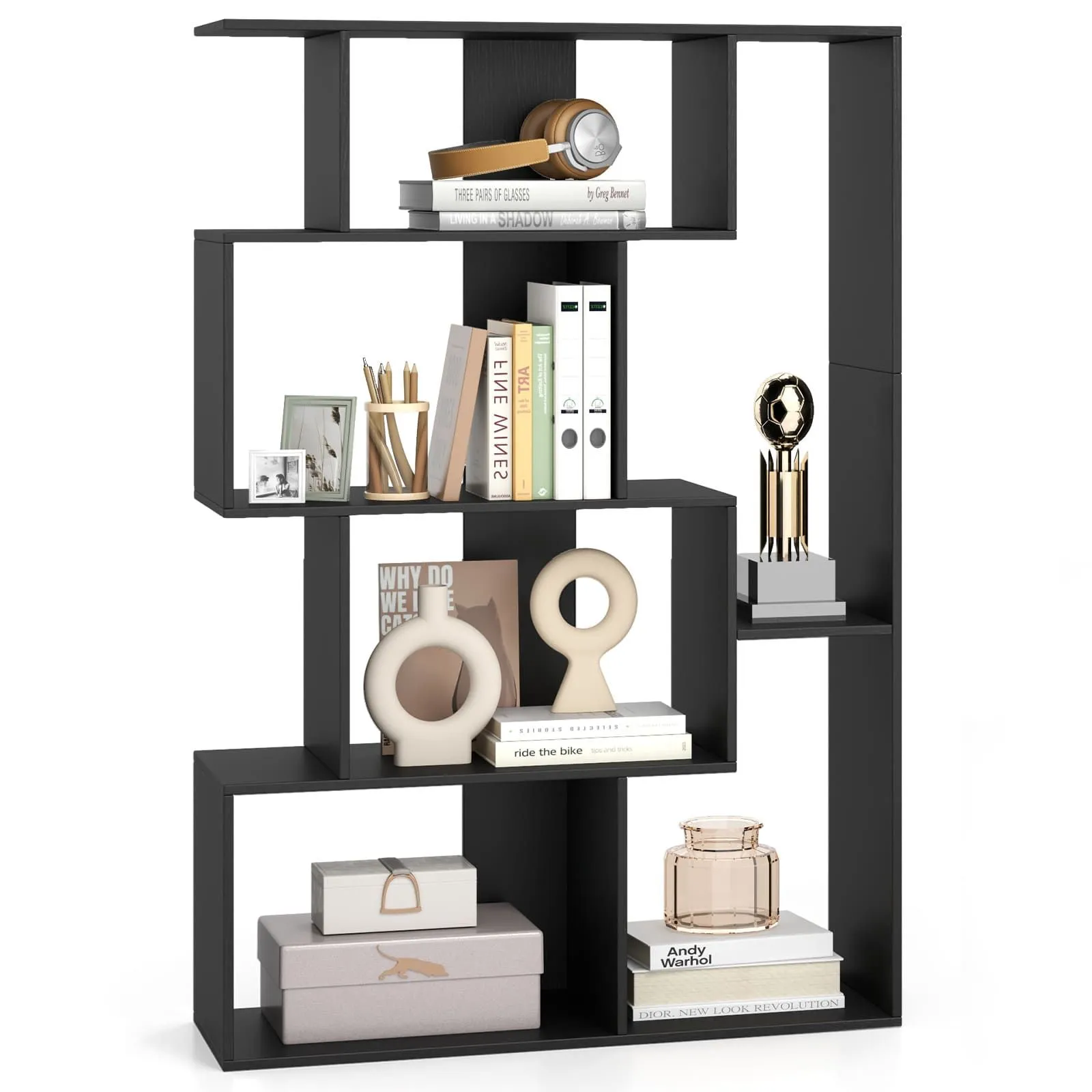 Costway Open-back Geometric Bookshelf Home 6-Cube Large Bookcase-Black in Black