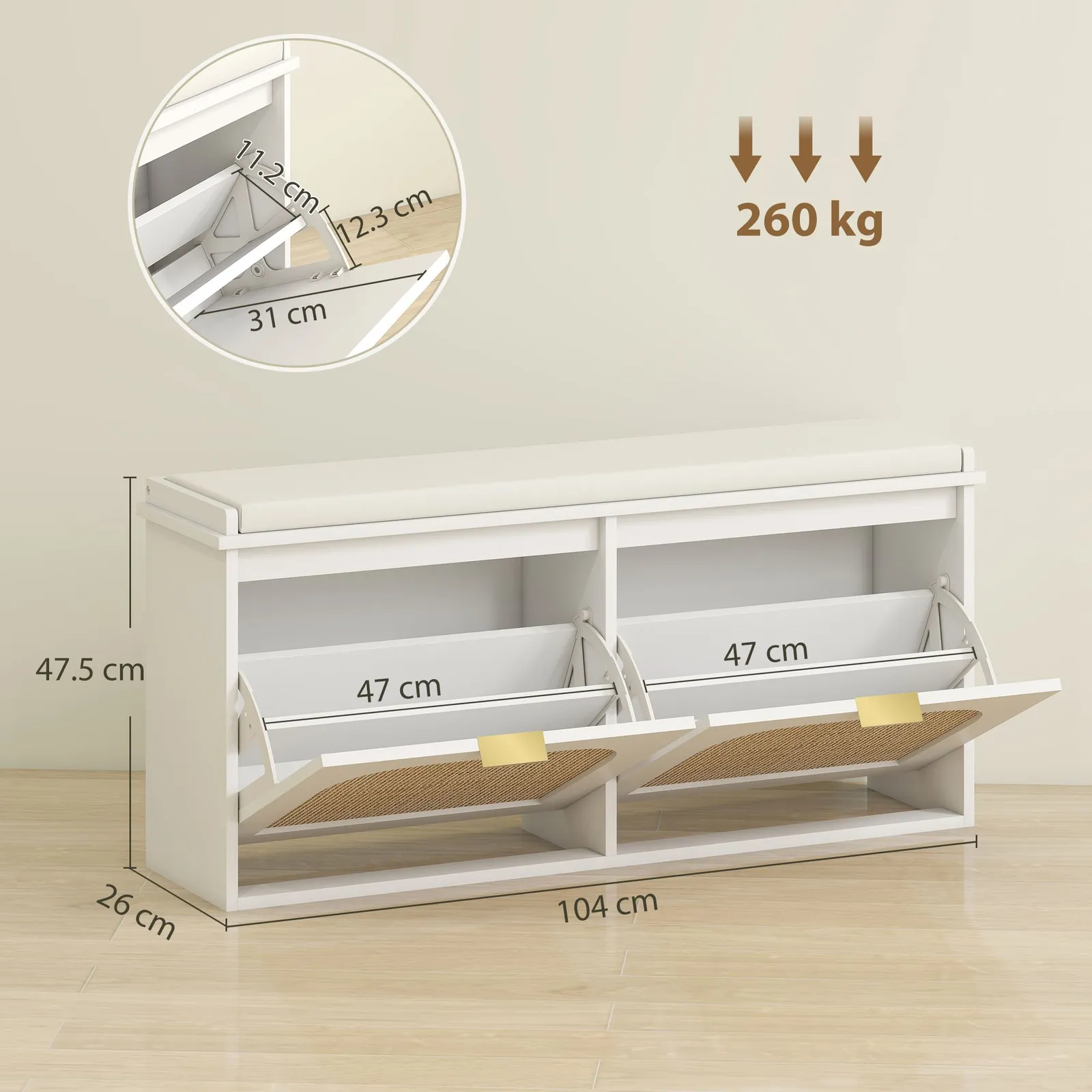 HOMCOM Boho Shoe Bench with Padded Seat & 2 Flip-Drawers in White 3