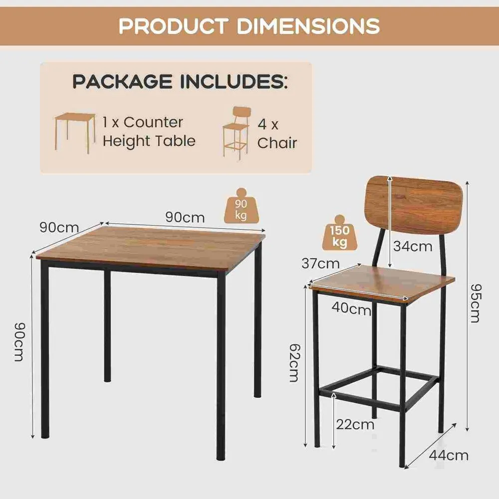 Costway 5PCS Industrial Dining Table Set Kitchen Counter Height Table 4 Stools in Brown 2