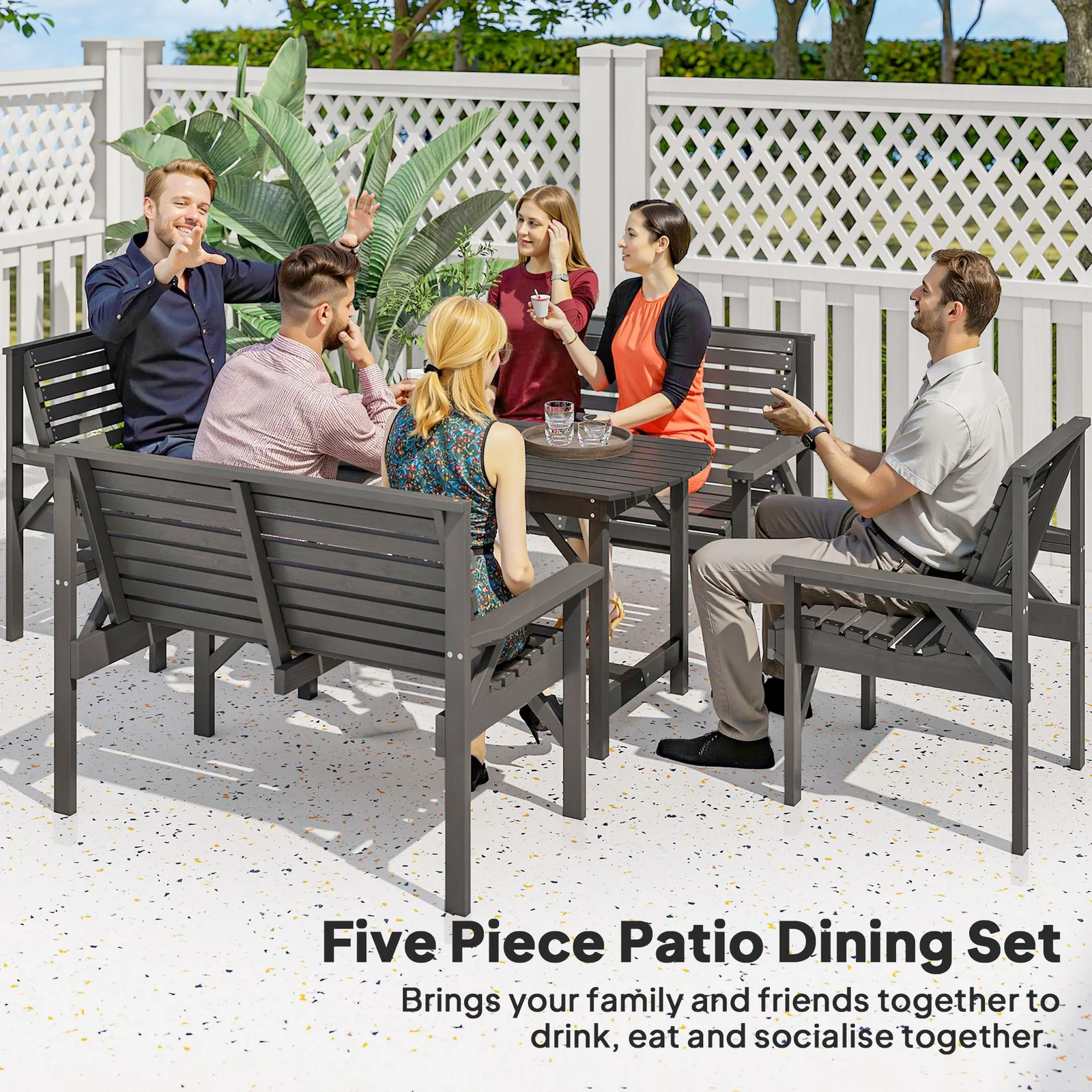 OUTSUNNY 5PC Patio Dining Set Wooden Table & Chairs w/ Umbrella Hole Grey 4