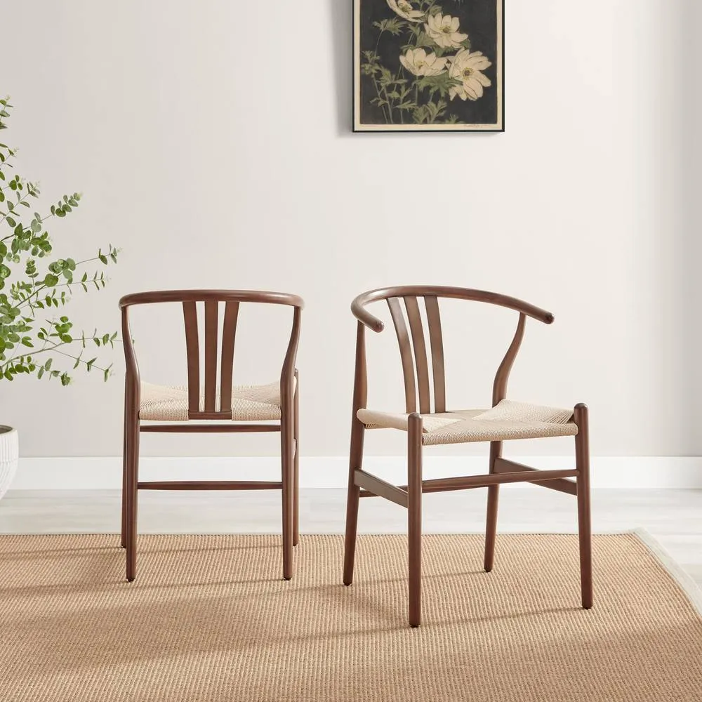 FurnitureboxUK 2x Caia Walnut Effect Wood & Rope Wishbone Dining Chairs 2