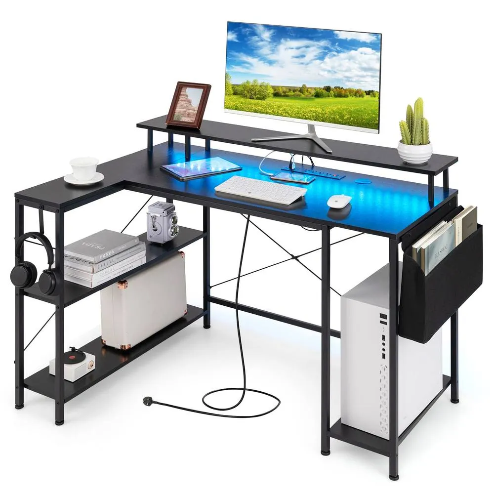 Costway L-Shaped Gaming Desk 120 cm Computer Desk with LED Lights-Black in Black