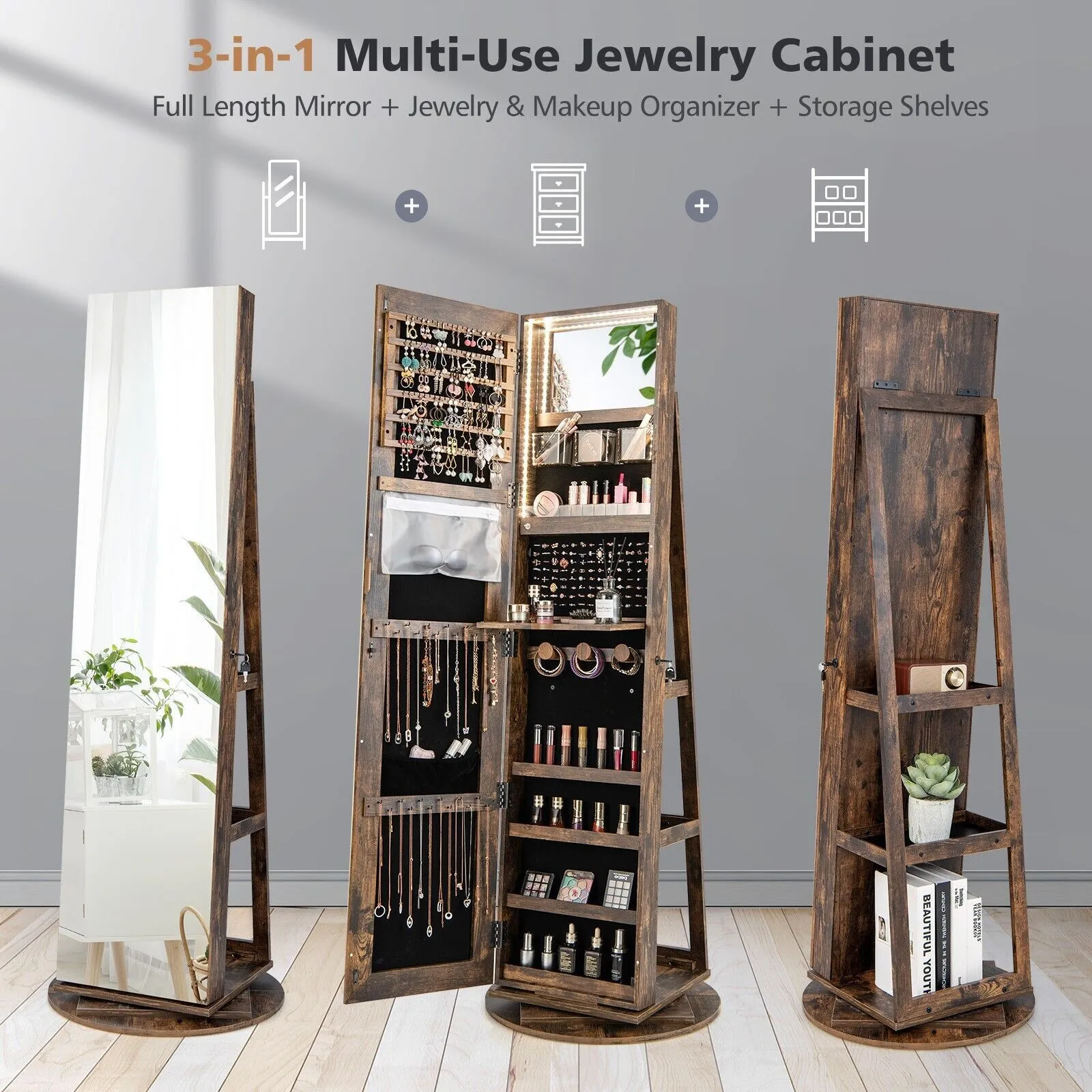 Costway Rotating Jewelry Armoire Freestanding Jewelry Cabinet w/ Full Length Mirror in Brown 4