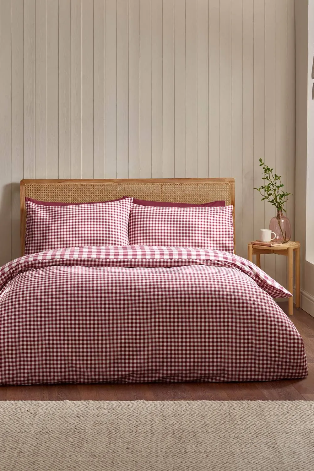 Catherine Lansfield Brushed Gingham Check Reversible Duvet Cover Set in Burgundy 2
