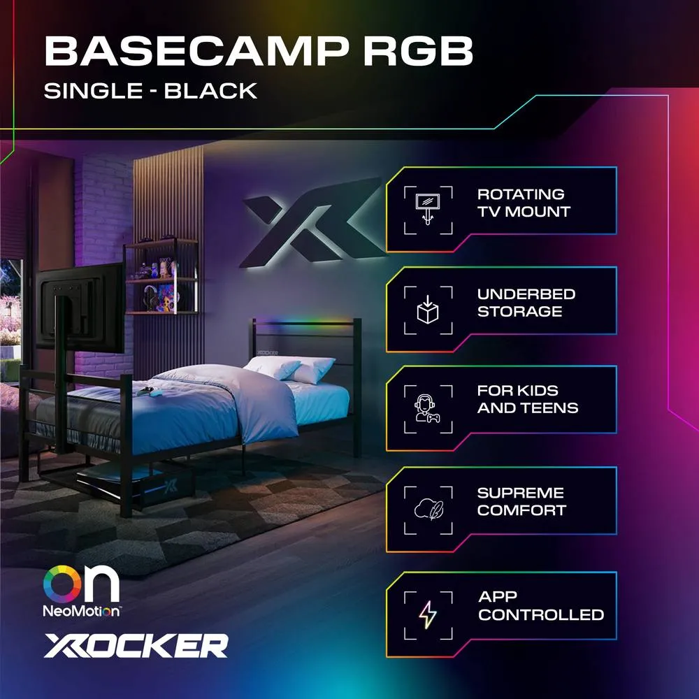X Rocker Basecamp RGB Gaming TV Bed with App Controlled LED Light in Black 2