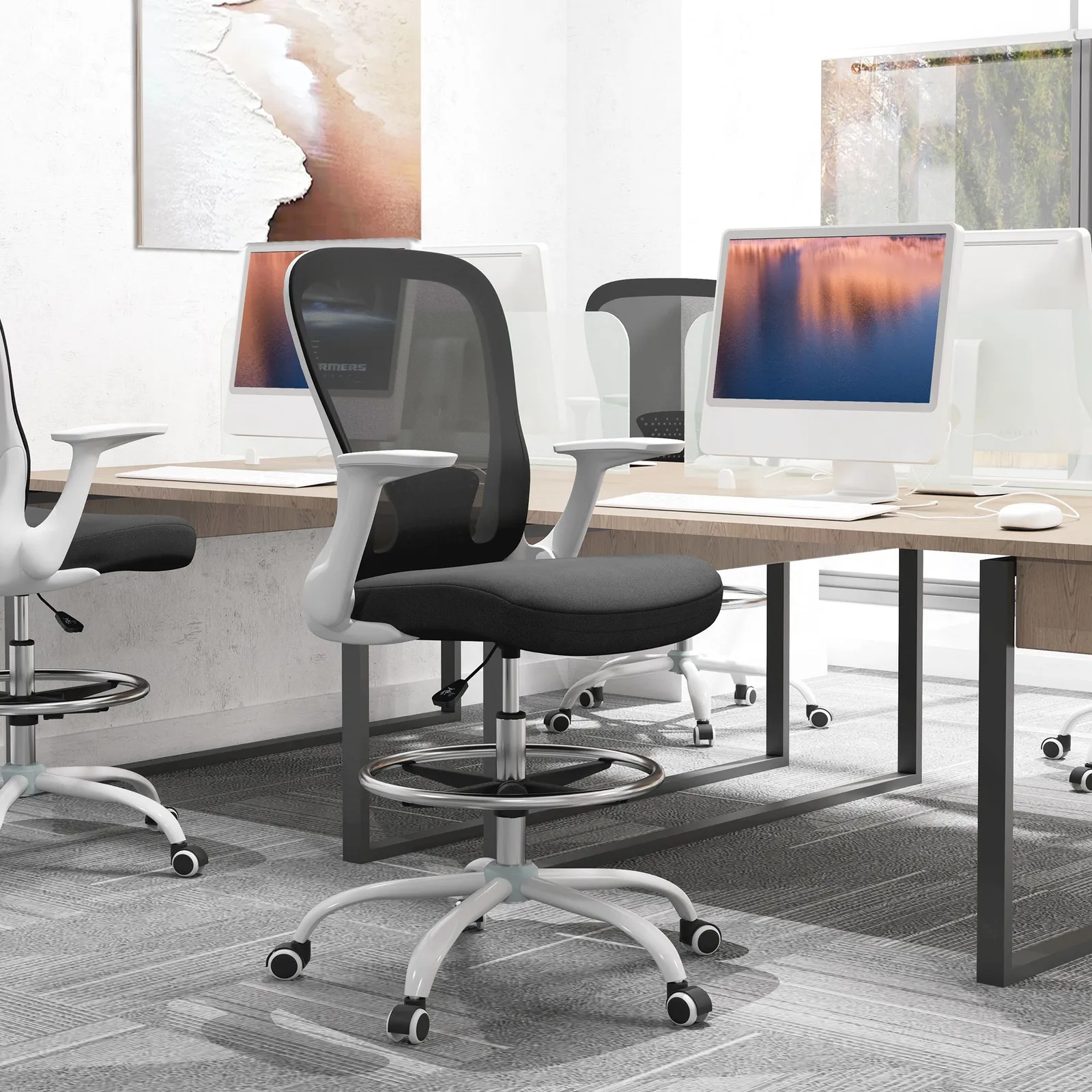 HOMCOM Mesh Draughtsman Chair, Ergonomic Drafting Chair in Black