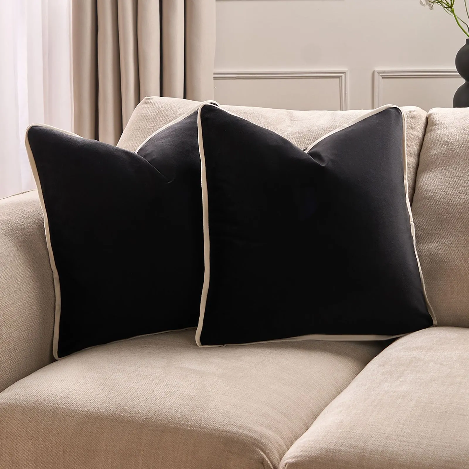OHS 2 Pack Matte Velvet Piped Cushion Covers Home Decor Set in Black