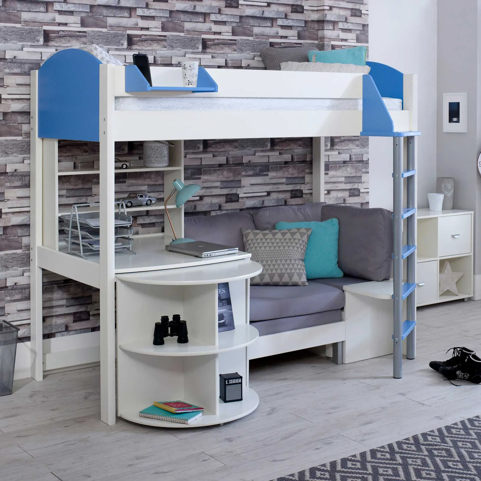 Nova E Childrens Highsleeper Bed with pull out Desk, Bookcase and Futon