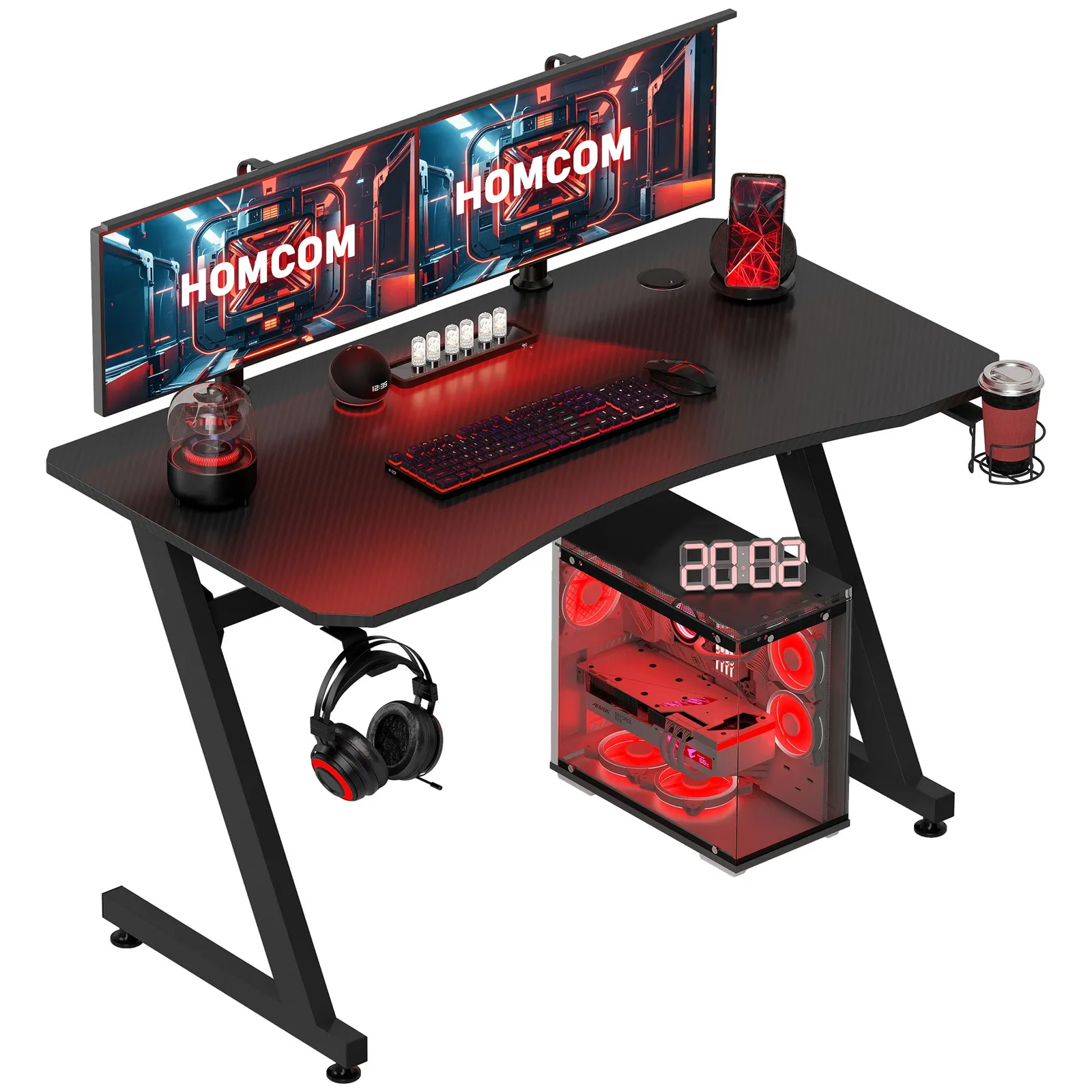 HOMCOM Gaming Desk Steel Frame Cup Headphone Holder Adjustable Feet in Black 2