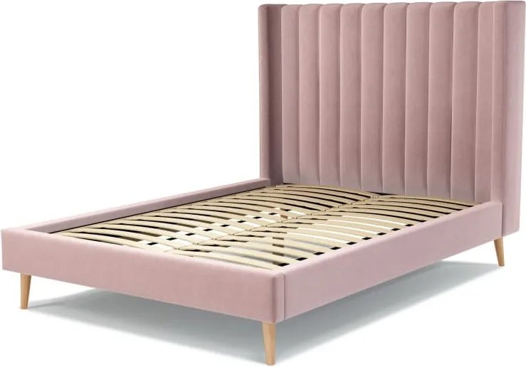 Cory Double Bed, Heather Pink Velvet with Oak Legs