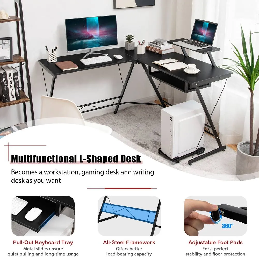 Costway L-Shaped Computer Desk Office Corner Workstation w/ Host Stand in Black 5