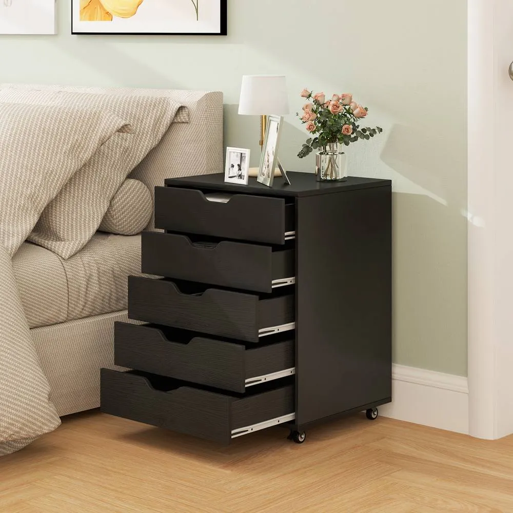 Costway 5 Drawer Rolling Storage Cabinet Mobile Chest of Drawers Wooden Dresser Organizer Coffee in Black 4